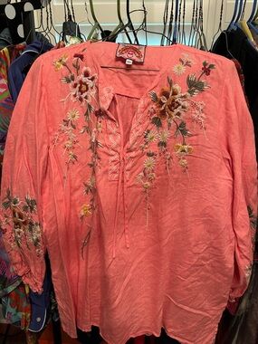 Johnny Was Coral Pink Embroidered Peasant Tunic